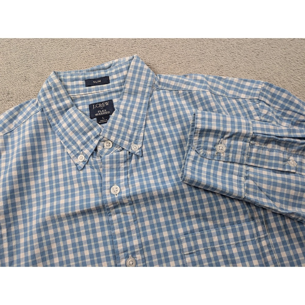 J.Crew Flex Washed Slim Fit Gingham Button Down Shirt Mens Large Blue B1050